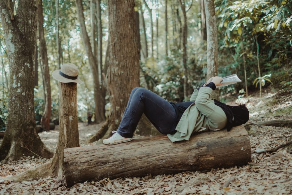 hijabi woman lies on a log, reading, in a sparse forest